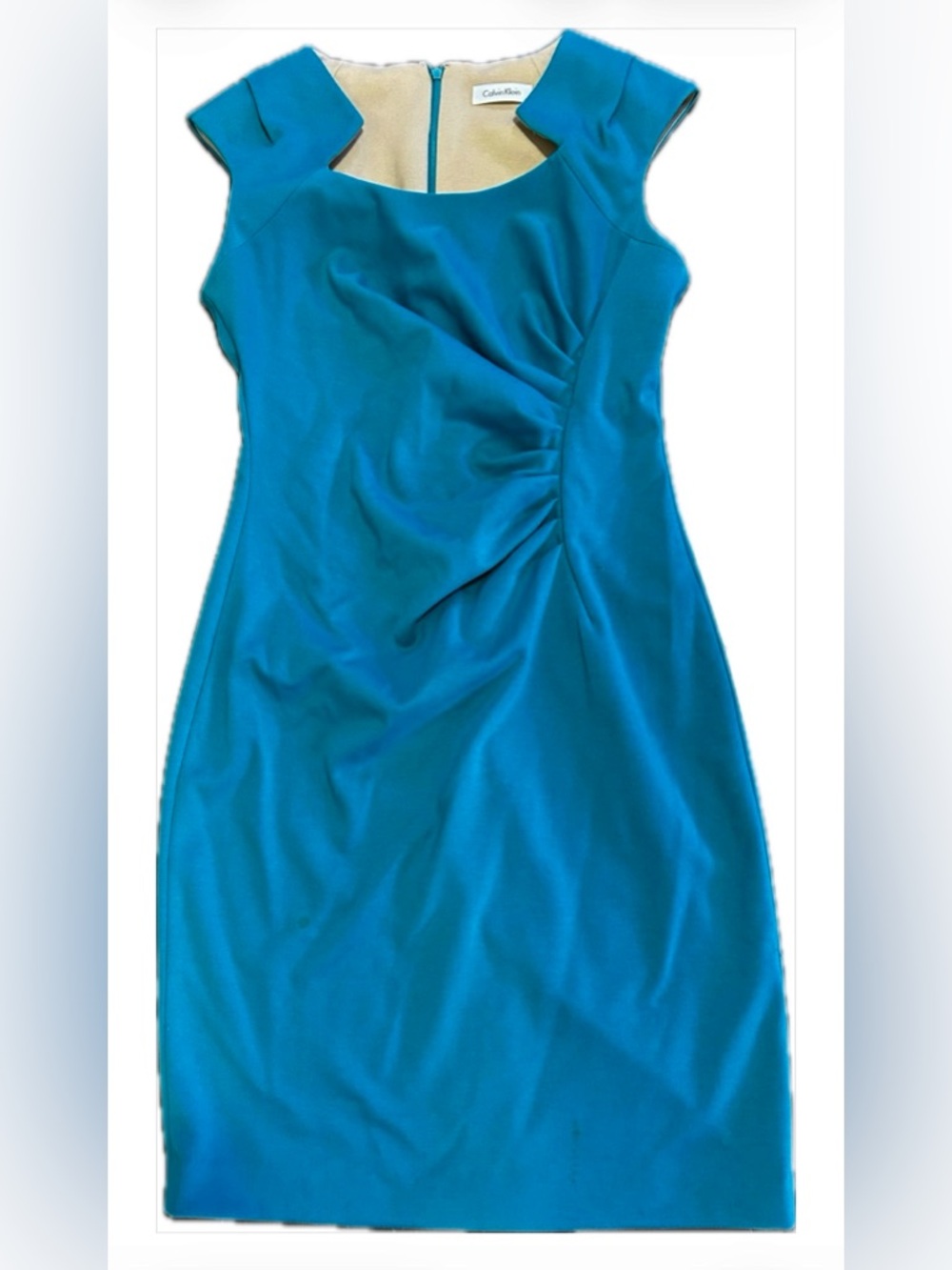 Calvin Klein Sheath Dress Size 6 Green Teal Ruched Side Career Dress